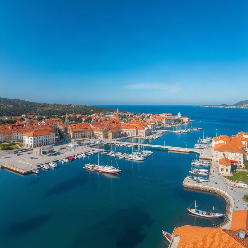 Zračni pogled na hrvatski obalni grad s lukom, industrijom i turizmom
